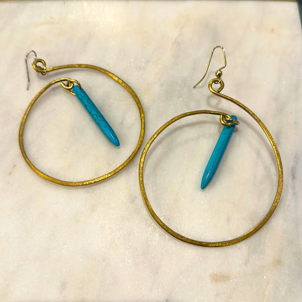Cool big hoop earrings with teal turquoise accent